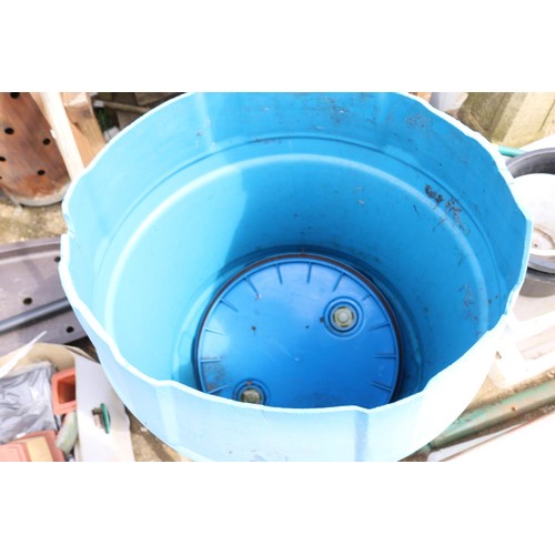 74 - pair of large trays/blue water butt/2 buckets & tools