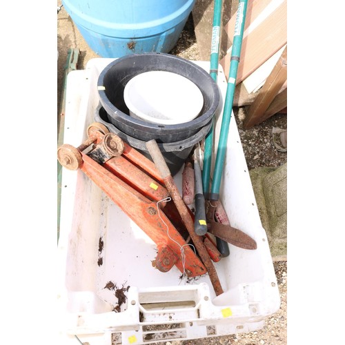 74 - pair of large trays/blue water butt/2 buckets & tools