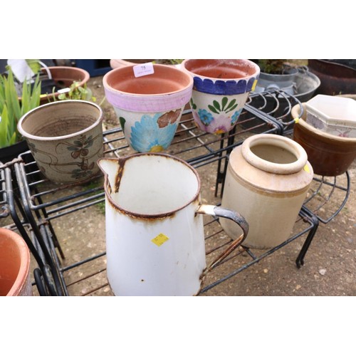 75 - Metal plant stand with various terracotta, glazed pots