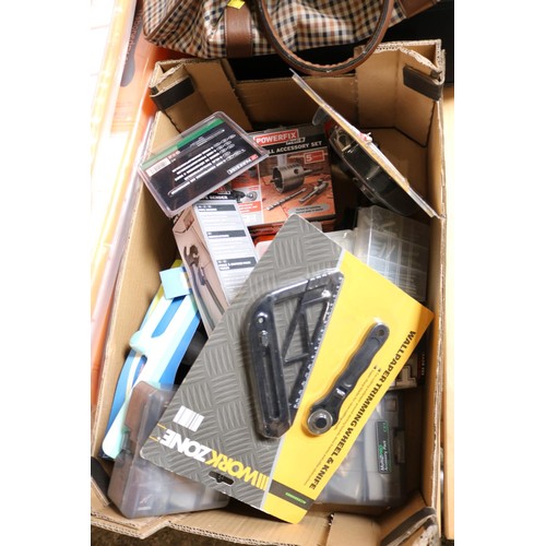 97 - Box of various garage items, including multi pro, accessory, pack, hammer, drill, accessory, kit, fo... 