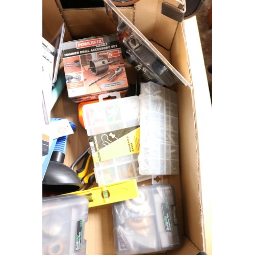 97 - Box of various garage items, including multi pro, accessory, pack, hammer, drill, accessory, kit, fo... 