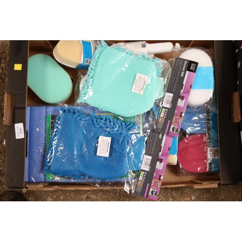 112 - Two boxes, including sponges & various kitchenware etc