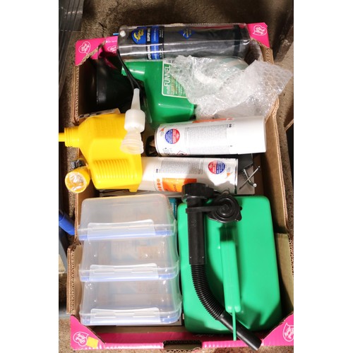 154 - Box including petrol cam, thermal window screen for tech deck, spray paint gloss etc