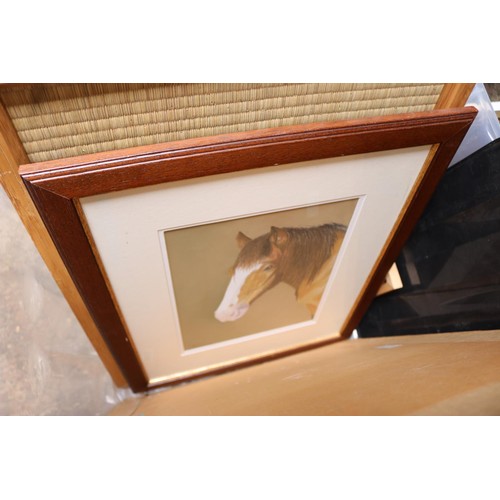 236 - 2 mirrors & box, incl various pictures of horses, etc