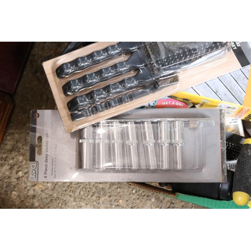 239 - Box of various tools including eight piece deep socket set, wire brush set , trowel, drill bits etc