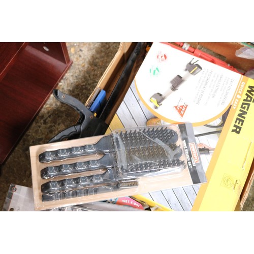 239 - Box of various tools including eight piece deep socket set, wire brush set , trowel, drill bits etc