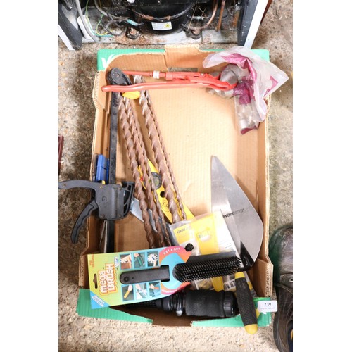 239 - Box of various tools including eight piece deep socket set, wire brush set , trowel, drill bits etc