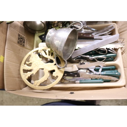 273 - Box of brass, pewter, cutlery, etc