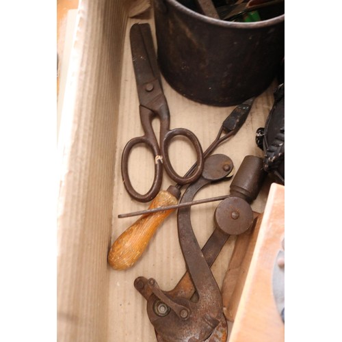 327 - Tray of bygones items , blow lamp, razor, oil can