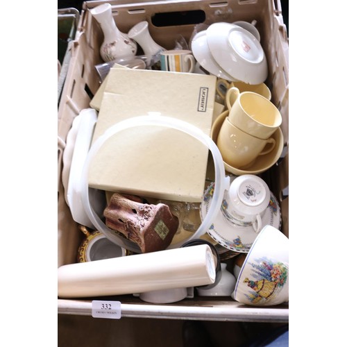 332 - 3 boxes of misc, incl crockery, glassware, etc