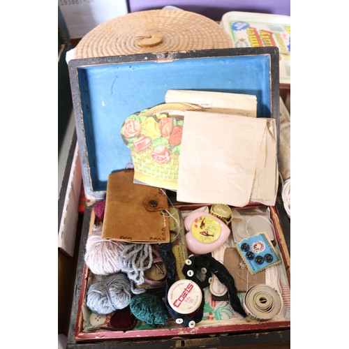 341 - Box of sewing items, incl cottons, needles, etc