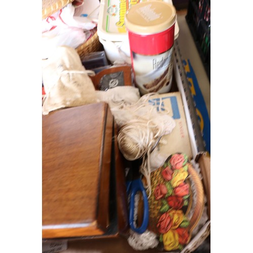 341 - Box of sewing items, incl cottons, needles, etc