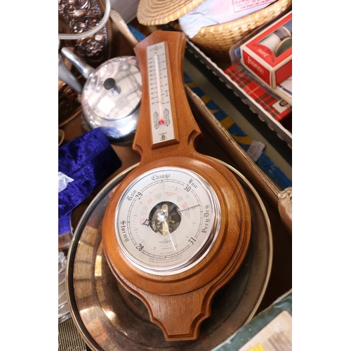 342 - Box of metal ware & barometer