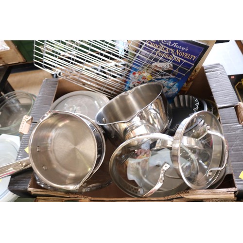 359 - Qty of kitchenware, incl Pyrex, sauce pans, cooling racks, crockery & books