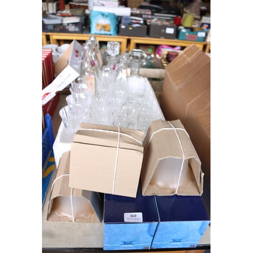 369 - Box of various glass ware, incl decanters, lampshades & glasses