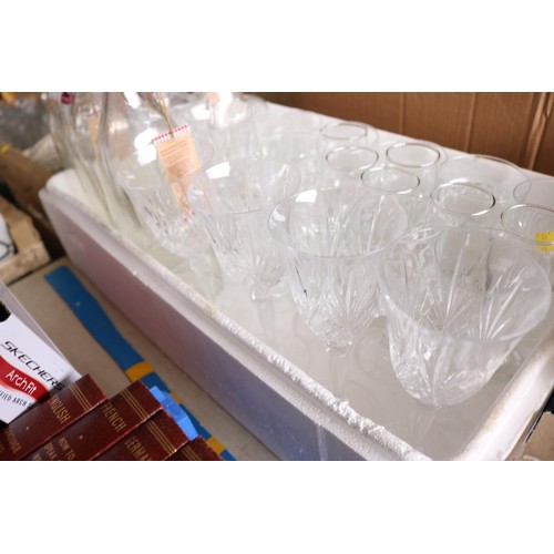 369 - Box of various glass ware, incl decanters, lampshades & glasses