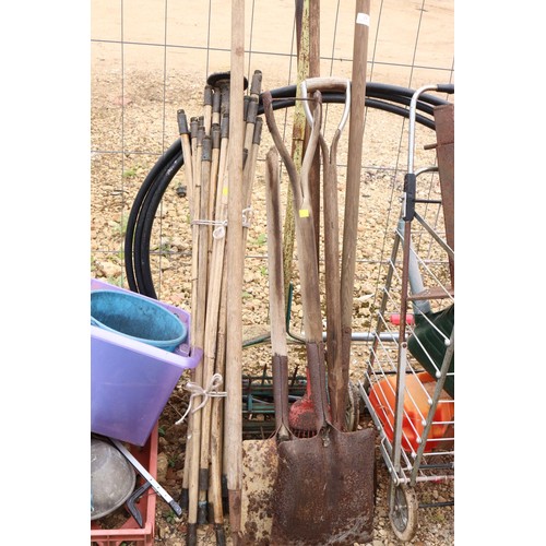 21 - Qty of garden tools, drain rods, watering can, old plough, etc