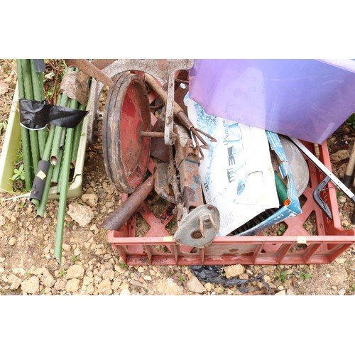 21 - Qty of garden tools, drain rods, watering can, old plough, etc