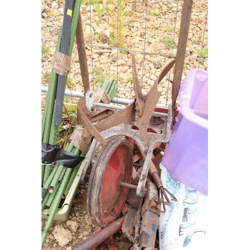 21 - Qty of garden tools, drain rods, watering can, old plough, etc