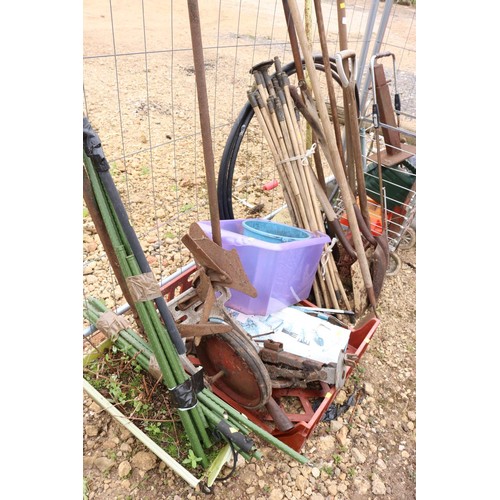 21 - Qty of garden tools, drain rods, watering can, old plough, etc