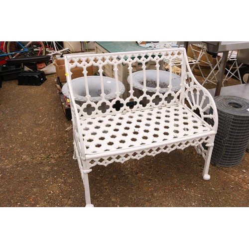 62 - Two seater cast, iron, modern garden bench painted white