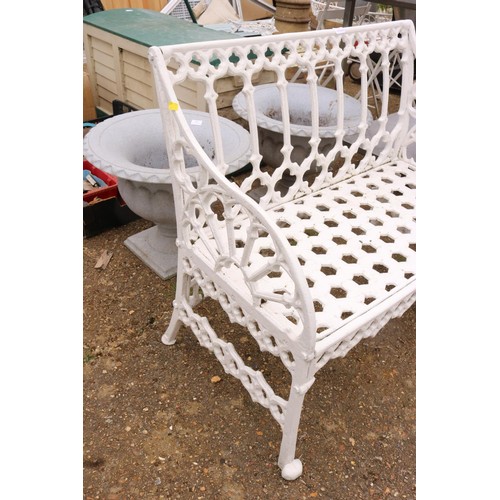 62 - Two seater cast, iron, modern garden bench painted white