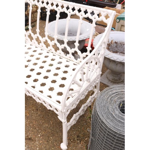 62 - Two seater cast, iron, modern garden bench painted white