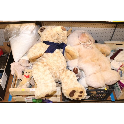 253 - 2 boxes of various teddies & a bag of stuffing, etc