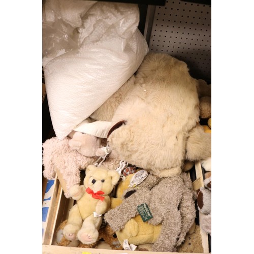 253 - 2 boxes of various teddies & a bag of stuffing, etc