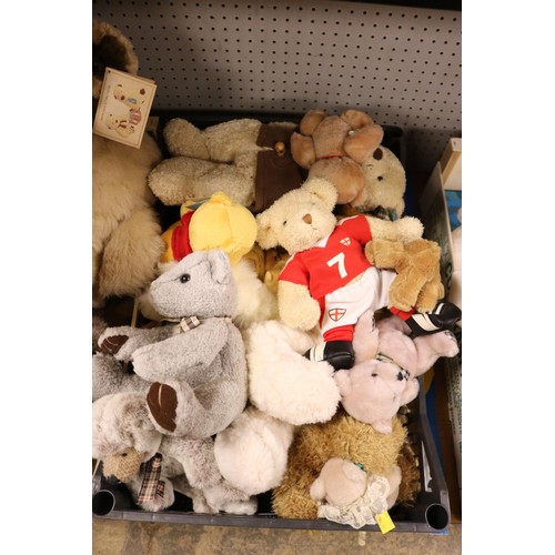 253 - 2 boxes of various teddies & a bag of stuffing, etc