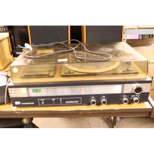 79 - Antique record player & 2 speakers - warranted until 12 noon Tuesday following the above sale