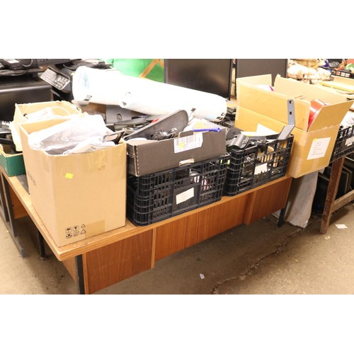 87 - 7 x boxes of various office, miscellaneous inc. phones, stapler, cables etc.