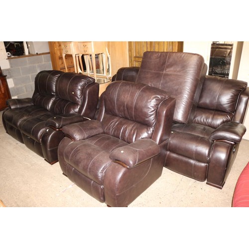 693 - 3 seat, 2 seat, chair & footrest - brown reclining sofas