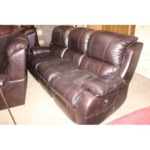 693 - 3 seat, 2 seat, chair & footrest - brown reclining sofas