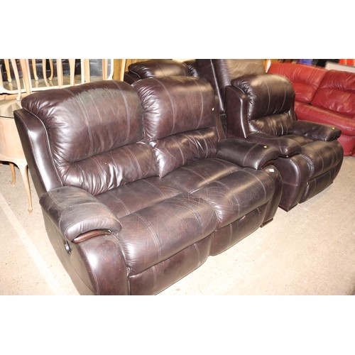 693 - 3 seat, 2 seat, chair & footrest - brown reclining sofas