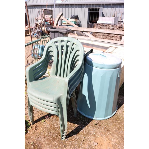 3 - 6 green garden chairs with cushions & composter