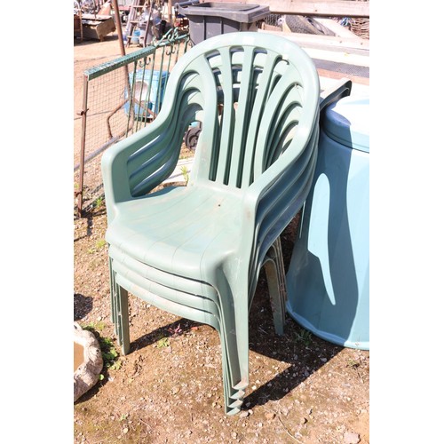 3 - 6 green garden chairs with cushions & composter