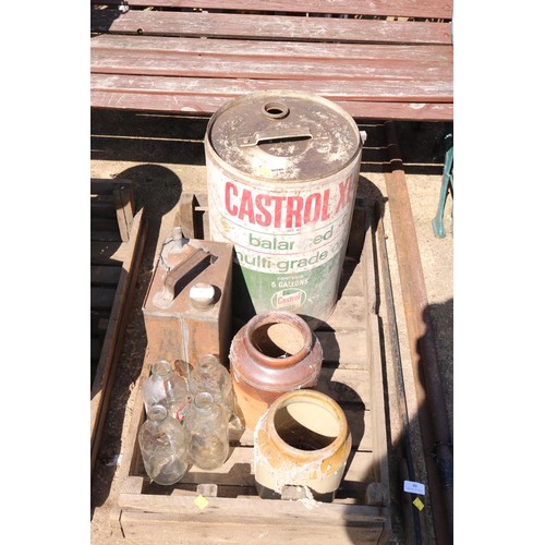 45 - Wooden tray, including Castrol 5 gallon cans, petrol can,  milk, bottles, stone jars