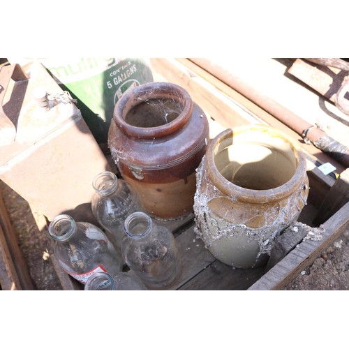 45 - Wooden tray, including Castrol 5 gallon cans, petrol can,  milk, bottles, stone jars