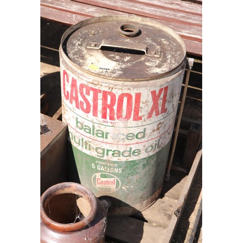 45 - Wooden tray, including Castrol 5 gallon cans, petrol can,  milk, bottles, stone jars