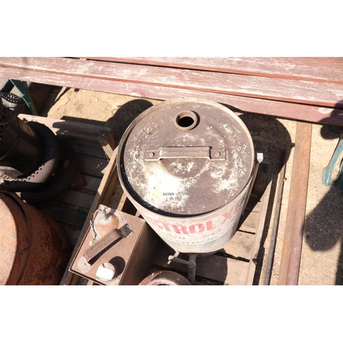 45 - Wooden tray, including Castrol 5 gallon cans, petrol can,  milk, bottles, stone jars