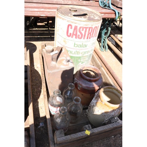 45 - Wooden tray, including Castrol 5 gallon cans, petrol can,  milk, bottles, stone jars