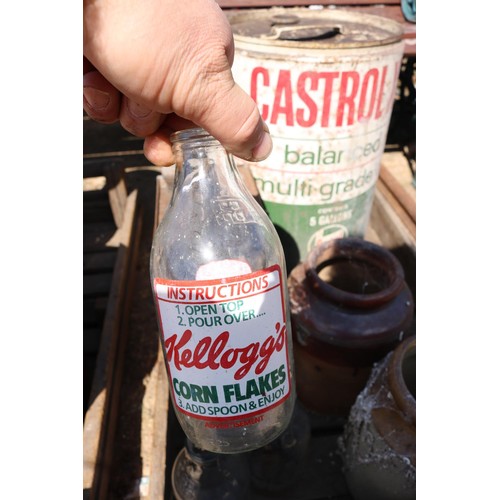 45 - Wooden tray, including Castrol 5 gallon cans, petrol can,  milk, bottles, stone jars