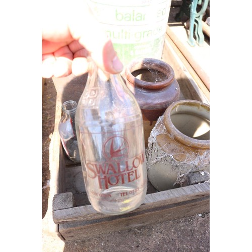 45 - Wooden tray, including Castrol 5 gallon cans, petrol can,  milk, bottles, stone jars