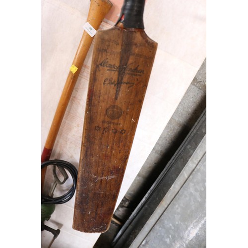 98 - Boat  oar, cricket bat and antique tire pump