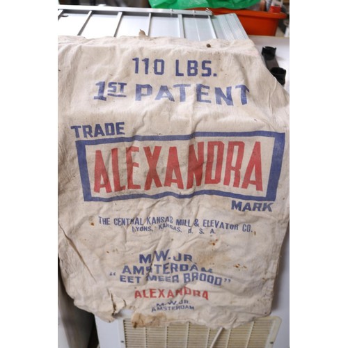 108 - Box containing  antique winch and sacks, etc