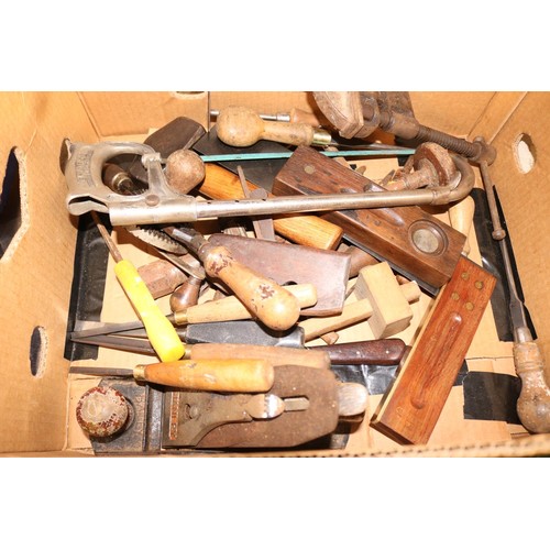 2 boxes of wood working tools & garden tools, incl metal plane, etc