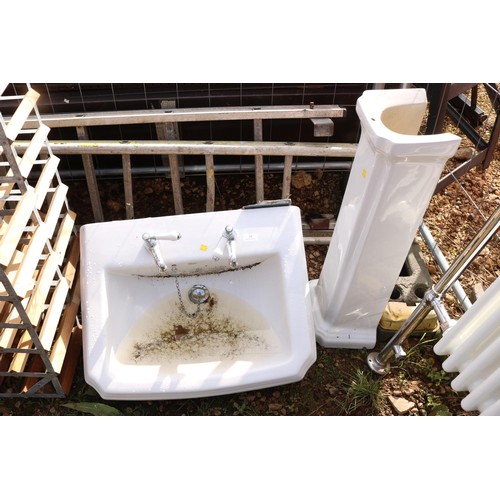 33 - Pedestal sink, radiator, towel rail & tap