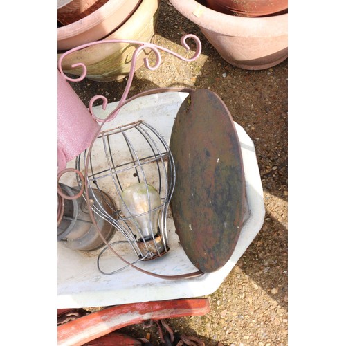 68 - Galvanized, planter, hurricane lamp, metal press, Christmas tree stand, outdoor lantern to be rewire... 