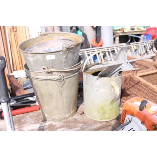 88 - 5 galvanised buckets, watering can, anchor & metal supports